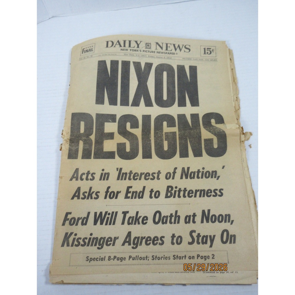 Vintage Daily News Newspaper August 9 1974 Nixon Resigns Watergate History